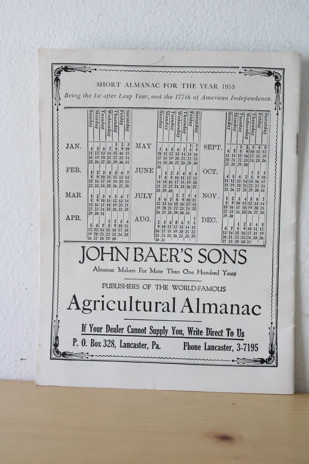 128th Volume Agricultural Almanac For The Year 1953 John Baers Sons Lancaster PA Jubilee Thrift Necklaces