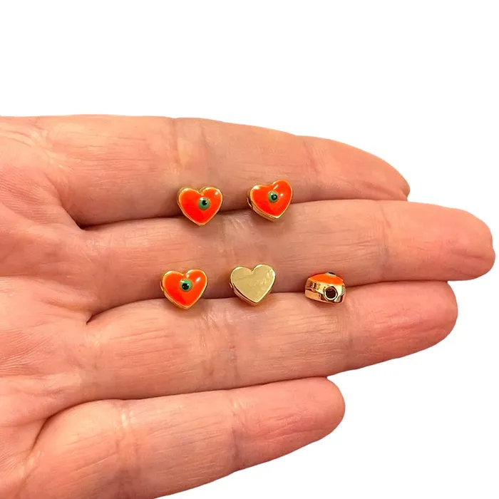 8mm 24Kt Gold Plated Neon Orange Evil Eye Enamelled Heart Spacers 5 Pcs in a pack Peppy Beads Necklaces 8mm 24Kt Gold Plated Neon Orange Evil Eye Enamelled Heart Spacers 5 Pcs in a pack Peppy Beads Necklaces