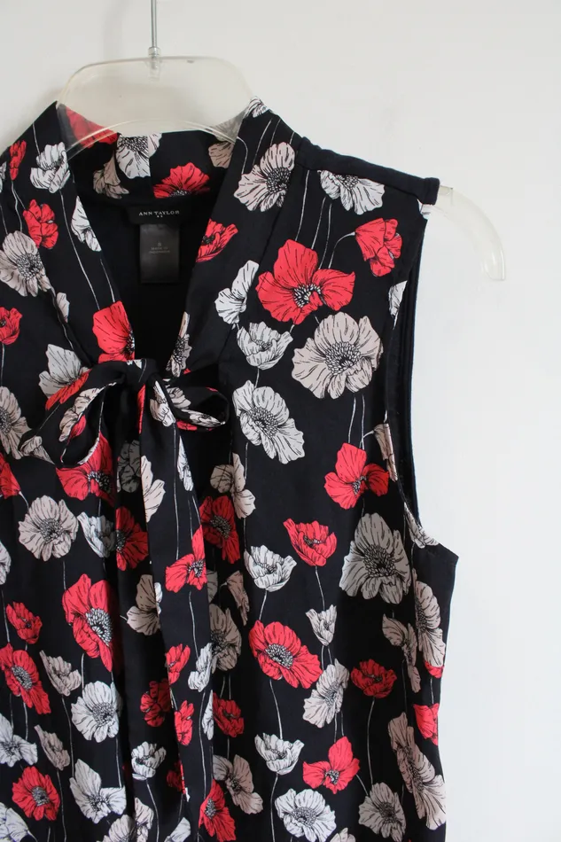 Ann Taylor Pink White Floral Navy Tied Neck Sleeveless Top S Ann Taylor LOFT Rings