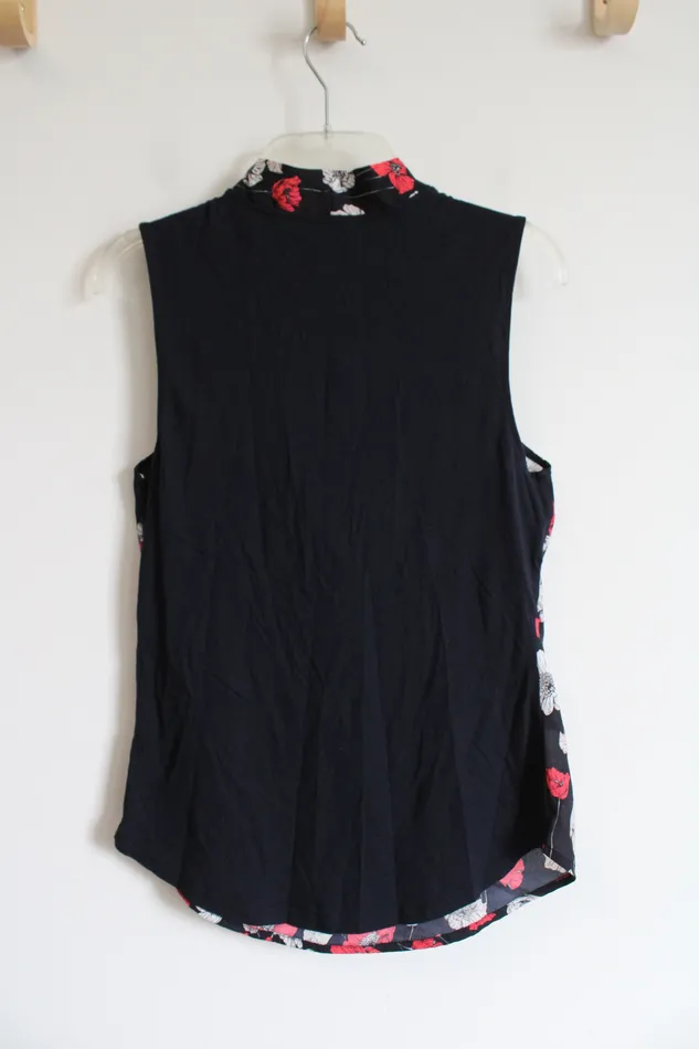 Ann Taylor Pink White Floral Navy Tied Neck Sleeveless Top S Ann Taylor LOFT Rings