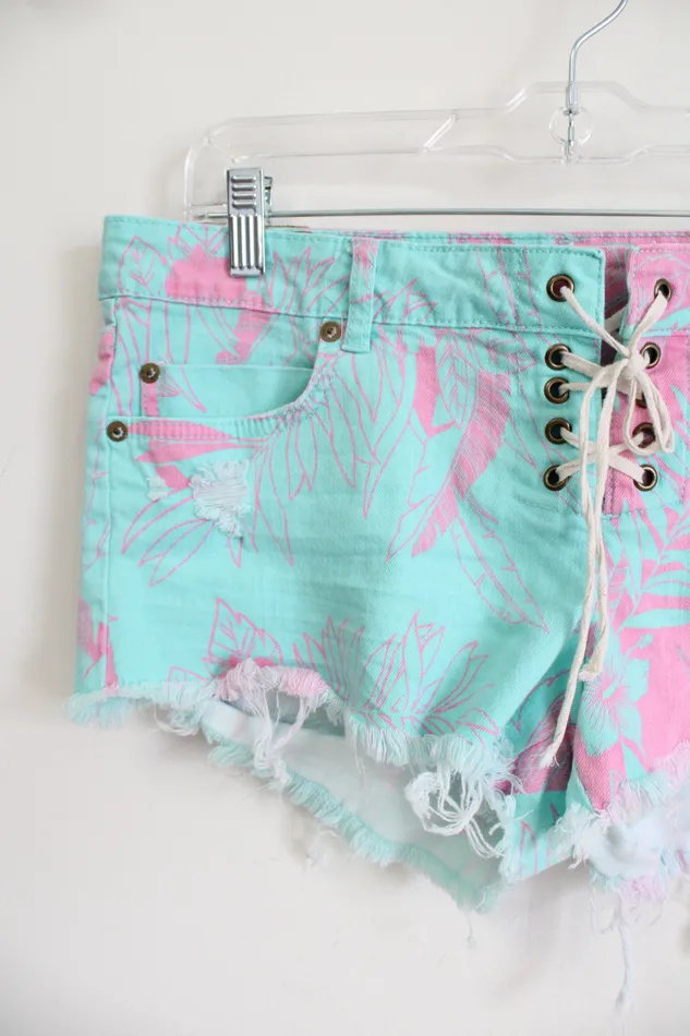 Billabong Billabong Blue Pink Tropical Print Denim Shorts 31 Rings
