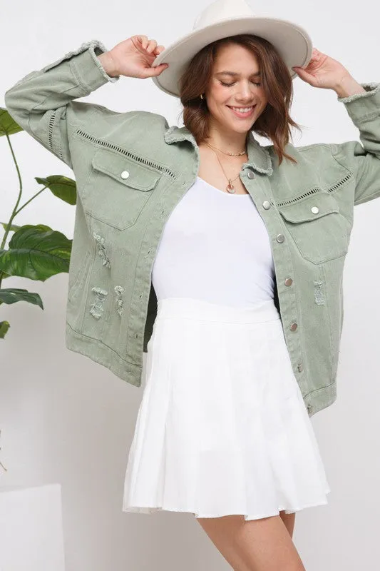 BLUE B COLLECTION Necklaces SNAP UP TWILL DISTRESSED JACKET LIGHT OLIVE