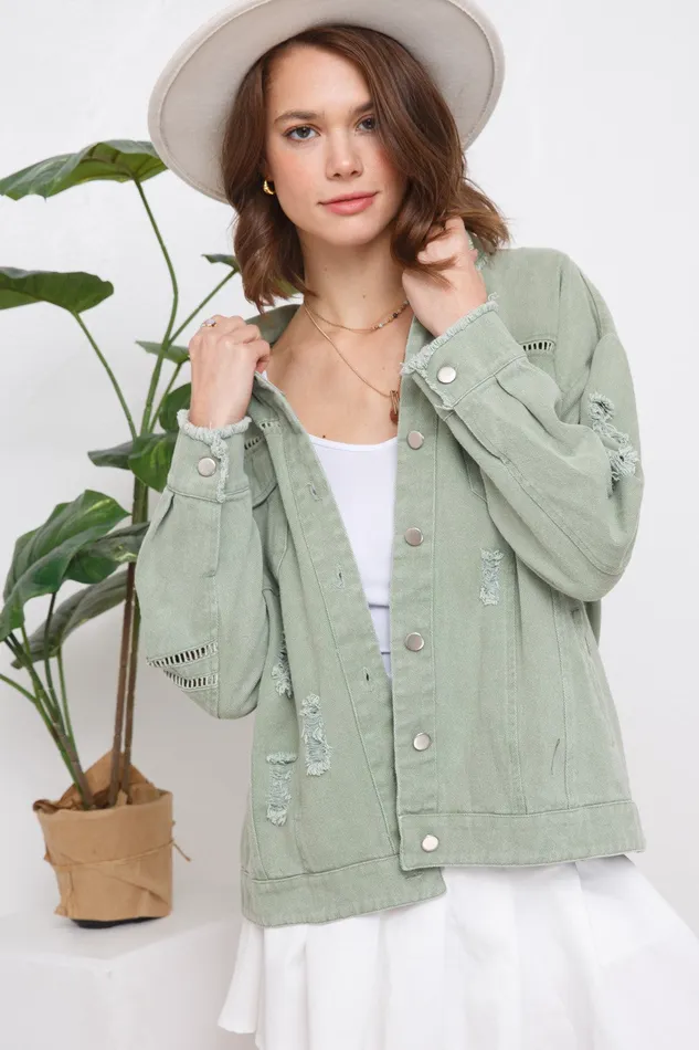 BLUE B COLLECTION Necklaces SNAP UP TWILL DISTRESSED JACKET LIGHT OLIVE
