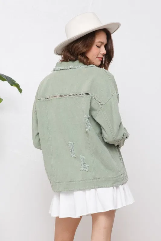 BLUE B COLLECTION Necklaces SNAP UP TWILL DISTRESSED JACKET LIGHT OLIVE