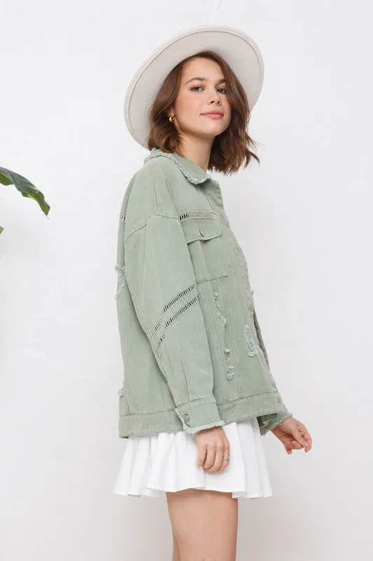 BLUE B COLLECTION Necklaces SNAP UP TWILL DISTRESSED JACKET LIGHT OLIVE