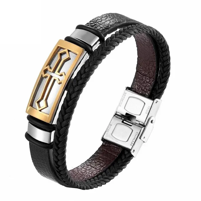 Bracelets Lords Guidance Mens Cross Bracelet brBraided Leather Gold Cross