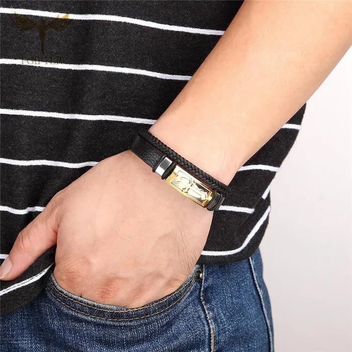 Bracelets Lords Guidance Mens Cross Bracelet brBraided Leather Gold Cross
