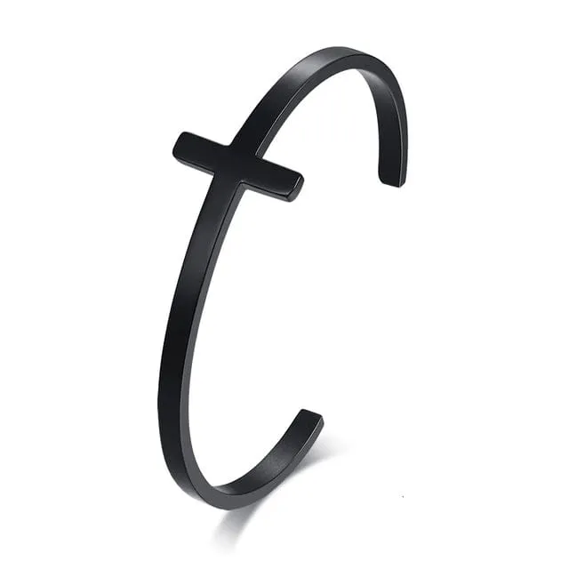 Bracelets Lords Guidance Mens Minimalist Stainless Steel Cuff Bracelet with Cross