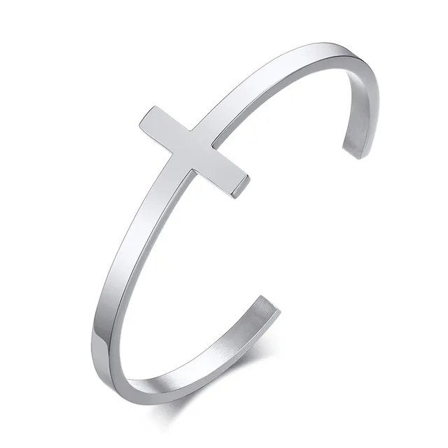 Bracelets Lords Guidance Mens Minimalist Stainless Steel Cuff Bracelet with Cross
