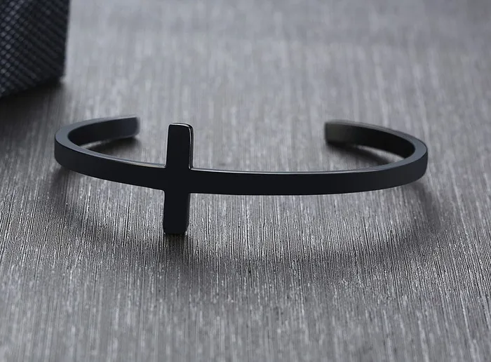 Bracelets Lords Guidance Mens Minimalist Stainless Steel Cuff Bracelet with Cross