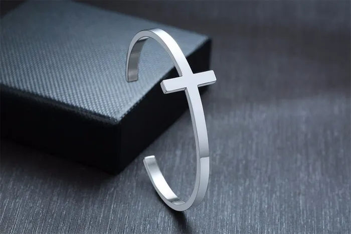 Bracelets Lords Guidance Mens Minimalist Stainless Steel Cuff Bracelet with Cross