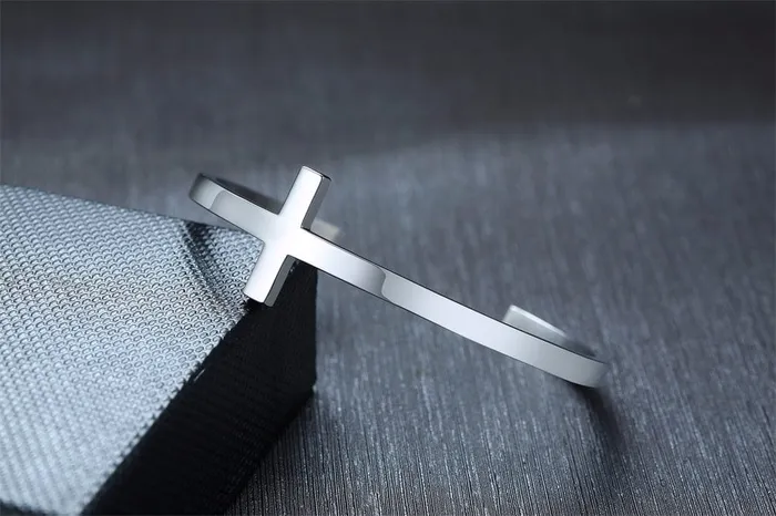 Bracelets Lords Guidance Mens Minimalist Stainless Steel Cuff Bracelet with Cross