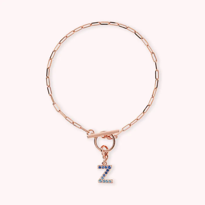 Bronzallure Bracciale Catena Forzatina con Pendente Lettera Pav in Cubic Zirconia Earrings