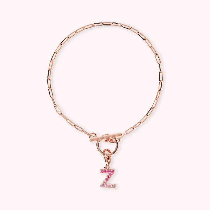 Bronzallure Bracciale Catena Forzatina con Pendente Lettera Pav in Cubic Zirconia Earrings
