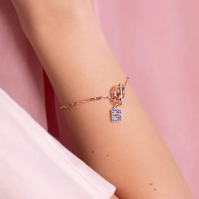 Bronzallure Bracciale Catena Forzatina con Pendente Lettera Pav in Cubic Zirconia Earrings