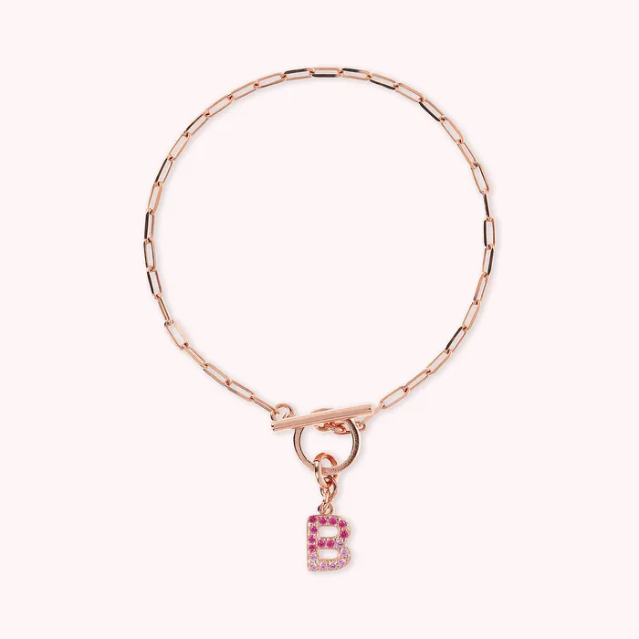 Bronzallure Bracciale Catena Forzatina con Pendente Lettera Pav in Cubic Zirconia Earrings