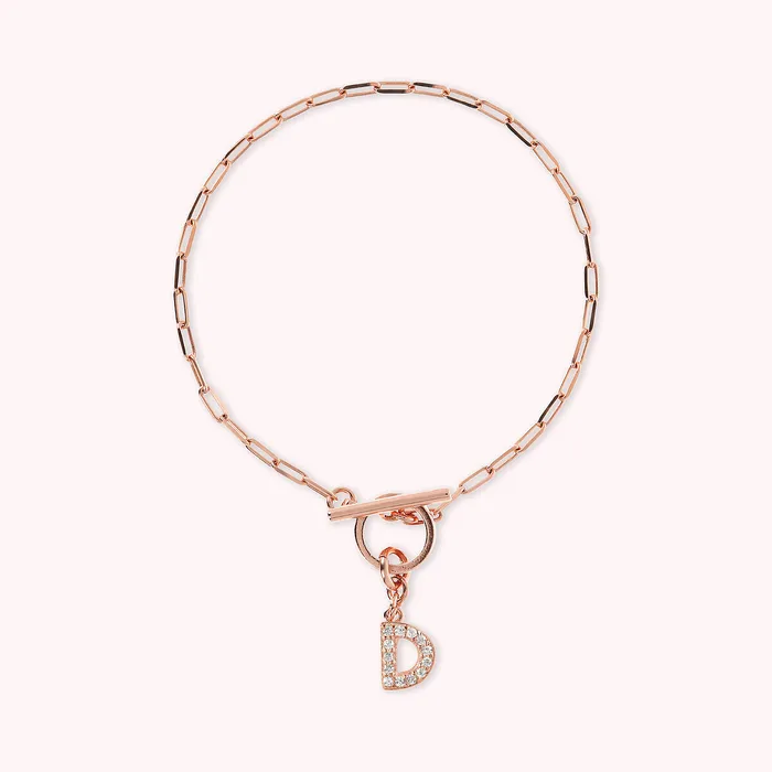 Bronzallure Bracciale Catena Forzatina con Pendente Lettera Pav in Cubic Zirconia Earrings