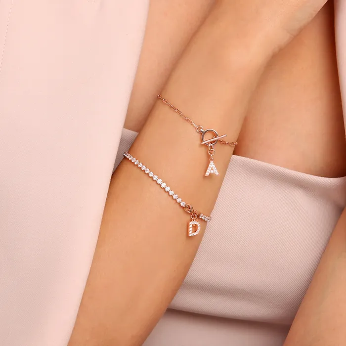 Bronzallure Bracciale Catena Forzatina con Pendente Lettera Pav in Cubic Zirconia Earrings