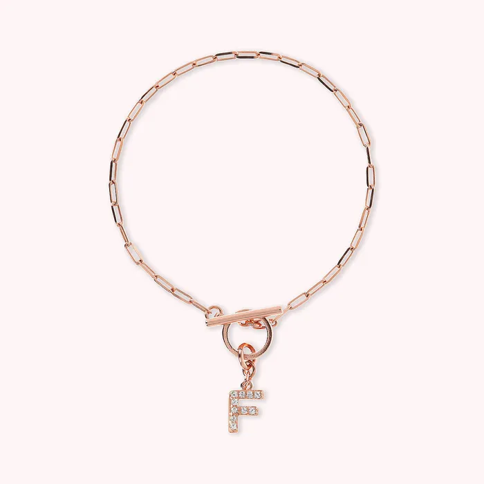 Bronzallure Bracciale Catena Forzatina con Pendente Lettera Pav in Cubic Zirconia Earrings
