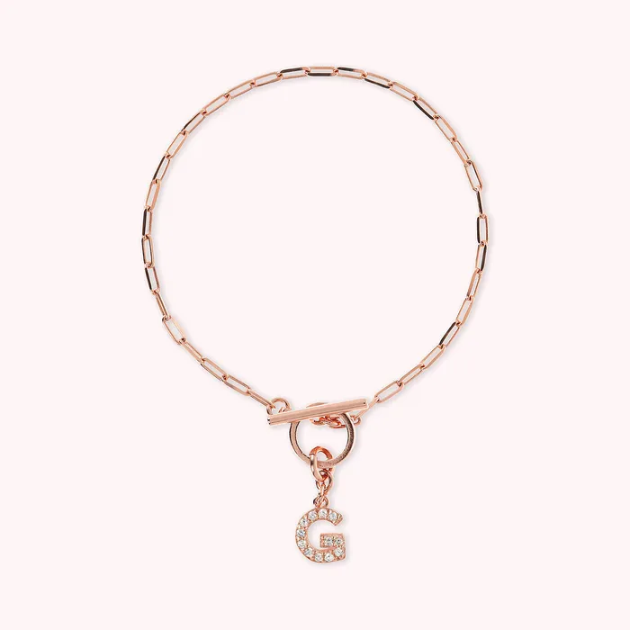 Bronzallure Bracciale Catena Forzatina con Pendente Lettera Pav in Cubic Zirconia Earrings