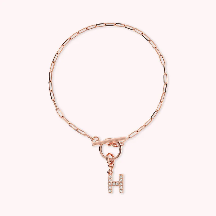 Bronzallure Bracciale Catena Forzatina con Pendente Lettera Pav in Cubic Zirconia Earrings