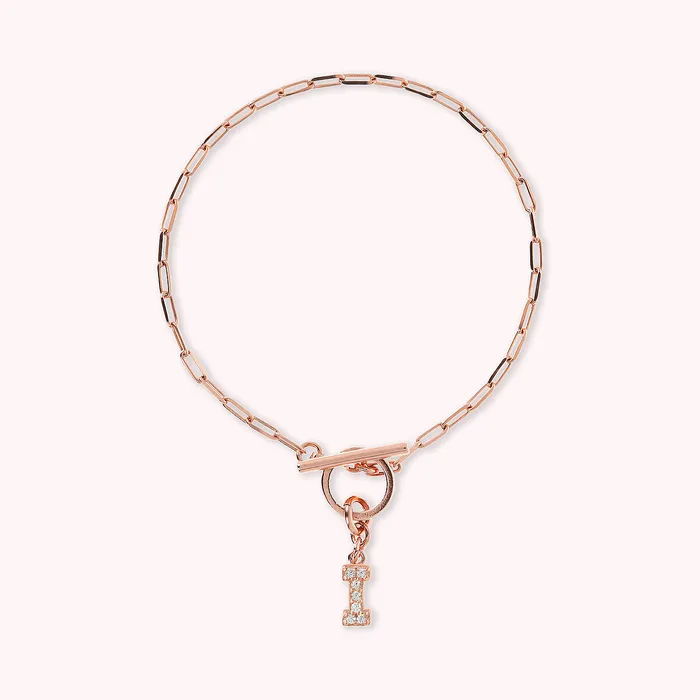 Bronzallure Bracciale Catena Forzatina con Pendente Lettera Pav in Cubic Zirconia Earrings