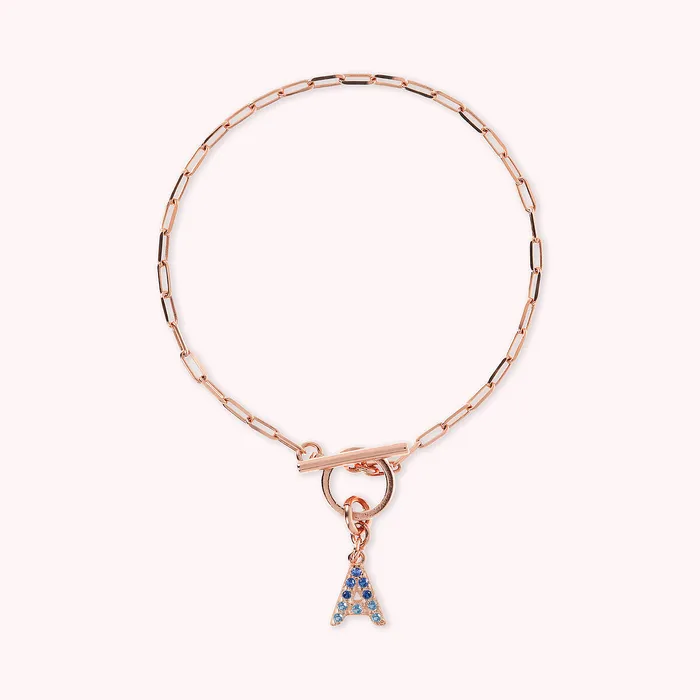 Bronzallure Bracciale Catena Forzatina con Pendente Lettera Pav in Cubic Zirconia Earrings