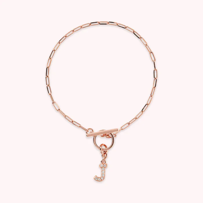 Bronzallure Bracciale Catena Forzatina con Pendente Lettera Pav in Cubic Zirconia Earrings