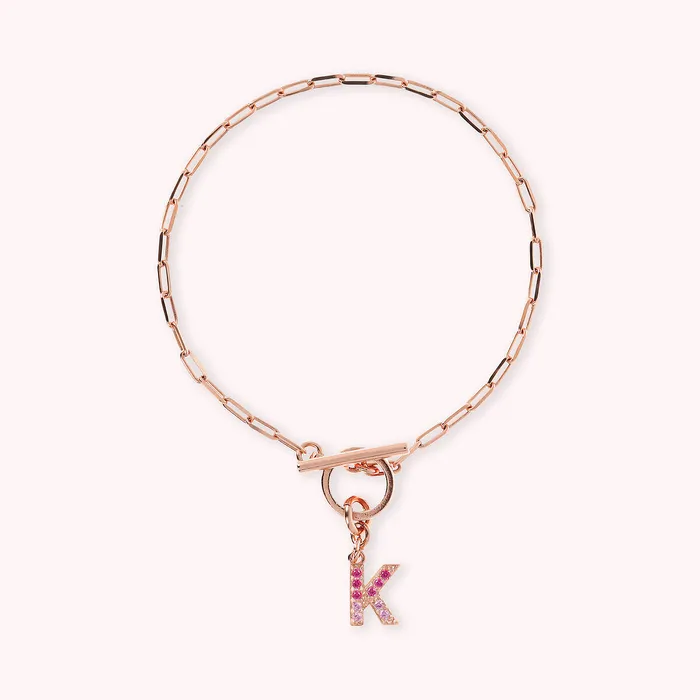 Bronzallure Bracciale Catena Forzatina con Pendente Lettera Pav in Cubic Zirconia Earrings