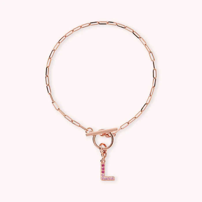 Bronzallure Bracciale Catena Forzatina con Pendente Lettera Pav in Cubic Zirconia Earrings