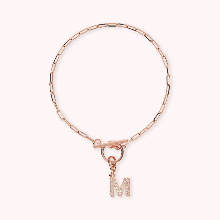 Bronzallure Bracciale Catena Forzatina con Pendente Lettera Pav in Cubic Zirconia Earrings
