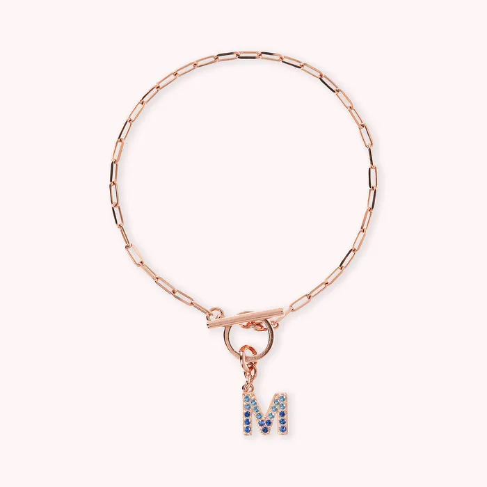 Bronzallure Bracciale Catena Forzatina con Pendente Lettera Pav in Cubic Zirconia Earrings