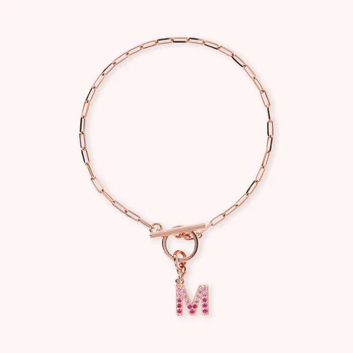 Bronzallure Bracciale Catena Forzatina con Pendente Lettera Pav in Cubic Zirconia Earrings