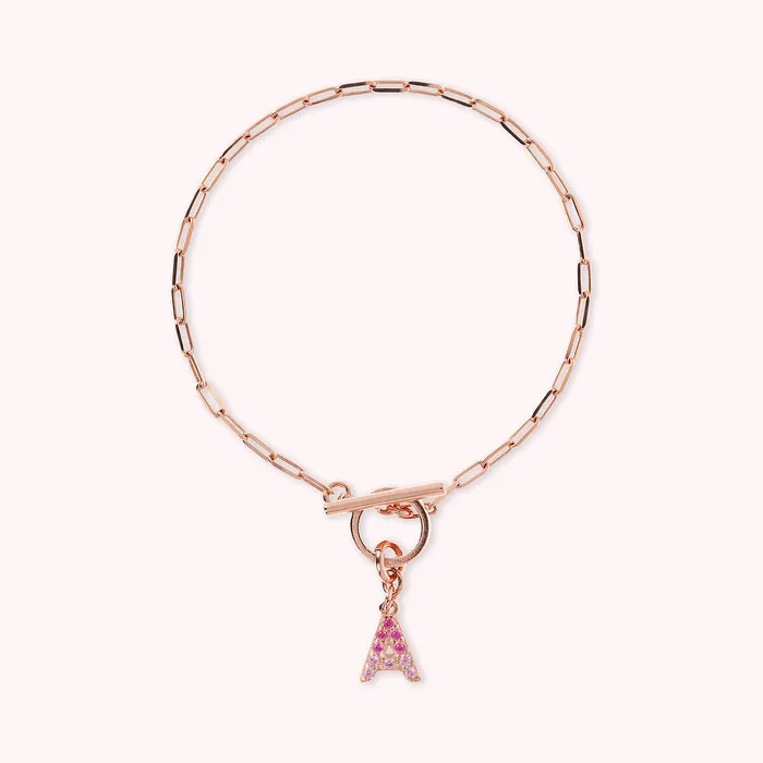 Bronzallure Bracciale Catena Forzatina con Pendente Lettera Pav in Cubic Zirconia Earrings
