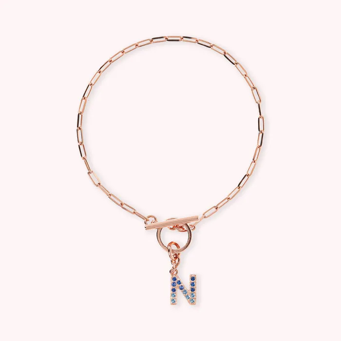 Bronzallure Bracciale Catena Forzatina con Pendente Lettera Pav in Cubic Zirconia Earrings