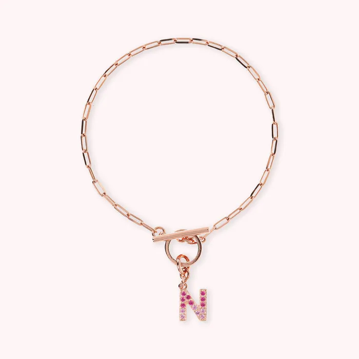 Bronzallure Bracciale Catena Forzatina con Pendente Lettera Pav in Cubic Zirconia Earrings