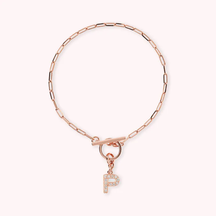 Bronzallure Bracciale Catena Forzatina con Pendente Lettera Pav in Cubic Zirconia Earrings