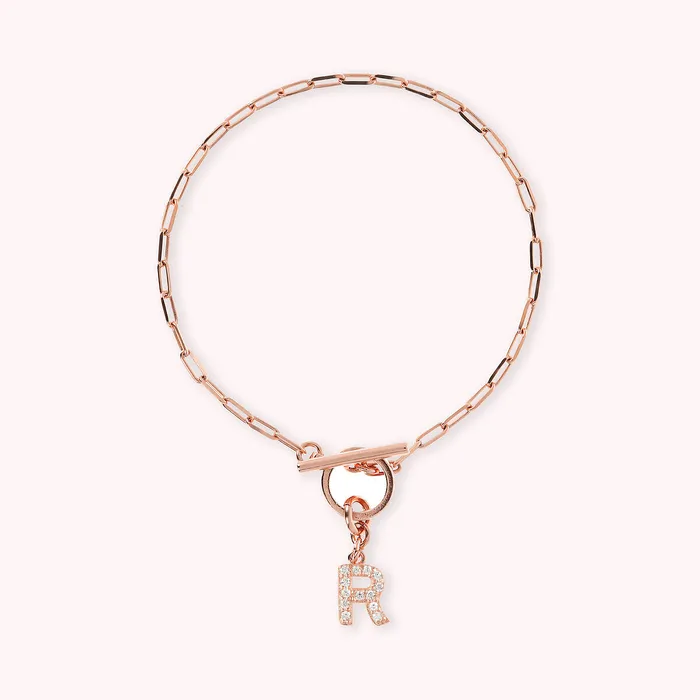 Bronzallure Bracciale Catena Forzatina con Pendente Lettera Pav in Cubic Zirconia Earrings