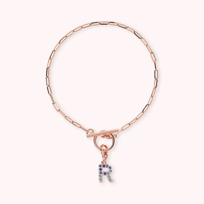 Bronzallure Bracciale Catena Forzatina con Pendente Lettera Pav in Cubic Zirconia Earrings