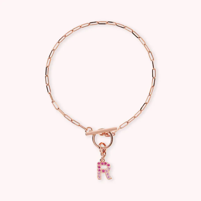 Bronzallure Bracciale Catena Forzatina con Pendente Lettera Pav in Cubic Zirconia Earrings