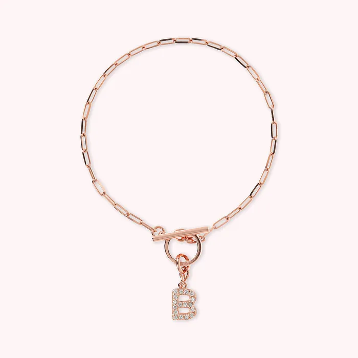 Bronzallure Bracciale Catena Forzatina con Pendente Lettera Pav in Cubic Zirconia Earrings