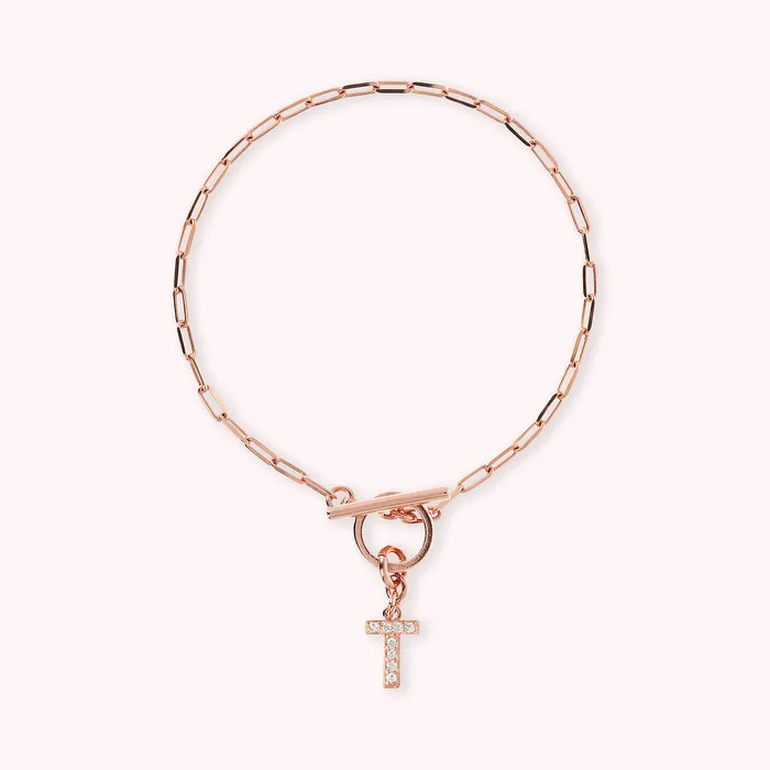 Bronzallure Bracciale Catena Forzatina con Pendente Lettera Pav in Cubic Zirconia Earrings