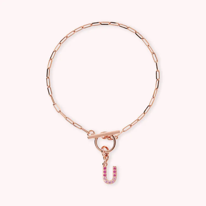 Bronzallure Bracciale Catena Forzatina con Pendente Lettera Pav in Cubic Zirconia Earrings