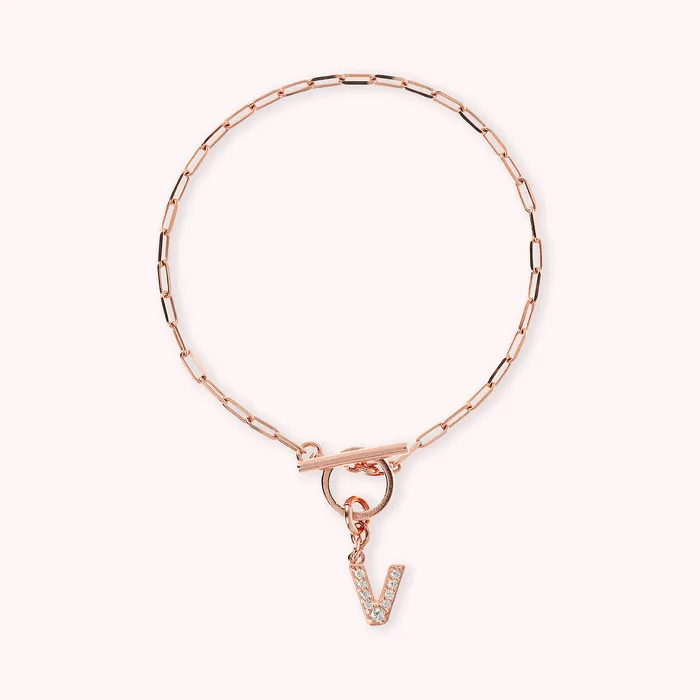 Bronzallure Bracciale Catena Forzatina con Pendente Lettera Pav in Cubic Zirconia Earrings