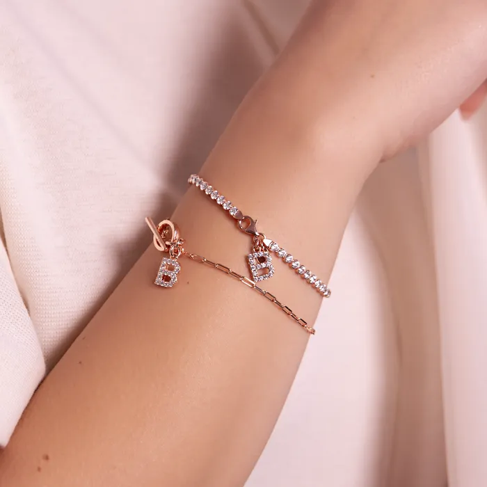 Bronzallure Bracciale Catena Forzatina con Pendente Lettera Pav in Cubic Zirconia Earrings