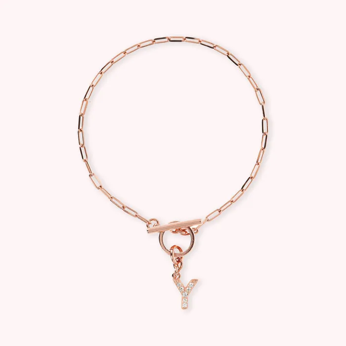 Bronzallure Bracciale Catena Forzatina con Pendente Lettera Pav in Cubic Zirconia Earrings