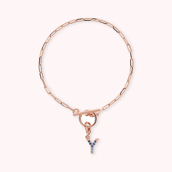 Bronzallure Bracciale Catena Forzatina con Pendente Lettera Pav in Cubic Zirconia Earrings
