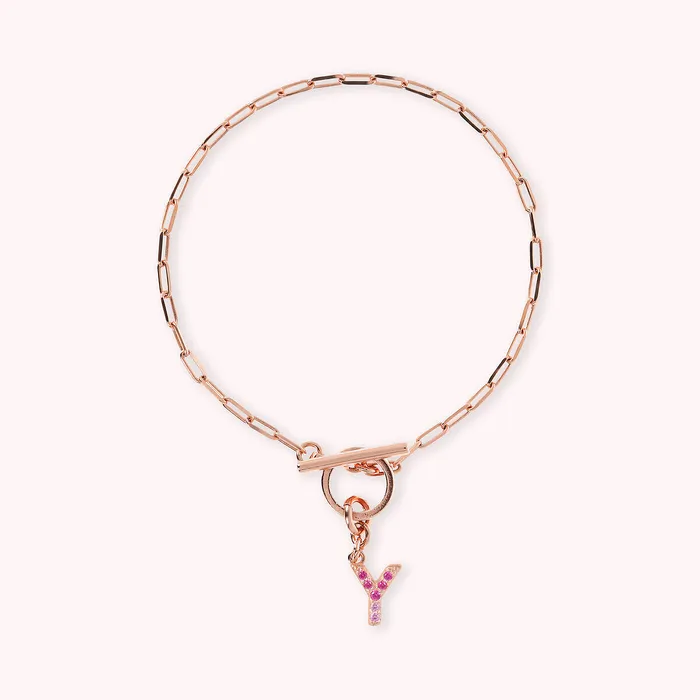 Bronzallure Bracciale Catena Forzatina con Pendente Lettera Pav in Cubic Zirconia Earrings