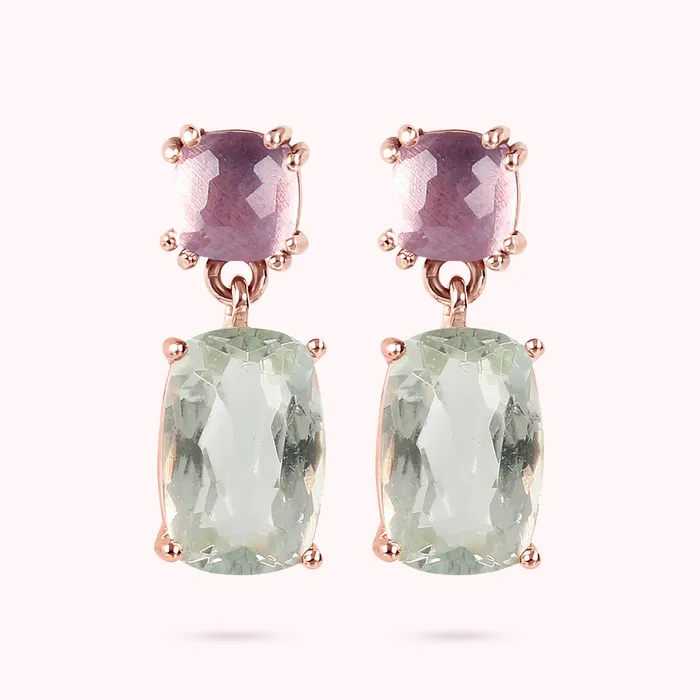Bronzallure Earrings Orecchini Pendenti in Oro Rosa 375 con Pietra Naturale Taglio Saponetta