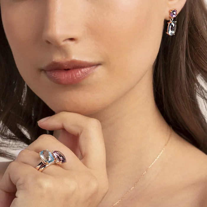 Bronzallure Earrings Orecchini Pendenti in Oro Rosa 375 con Pietra Naturale Taglio Saponetta